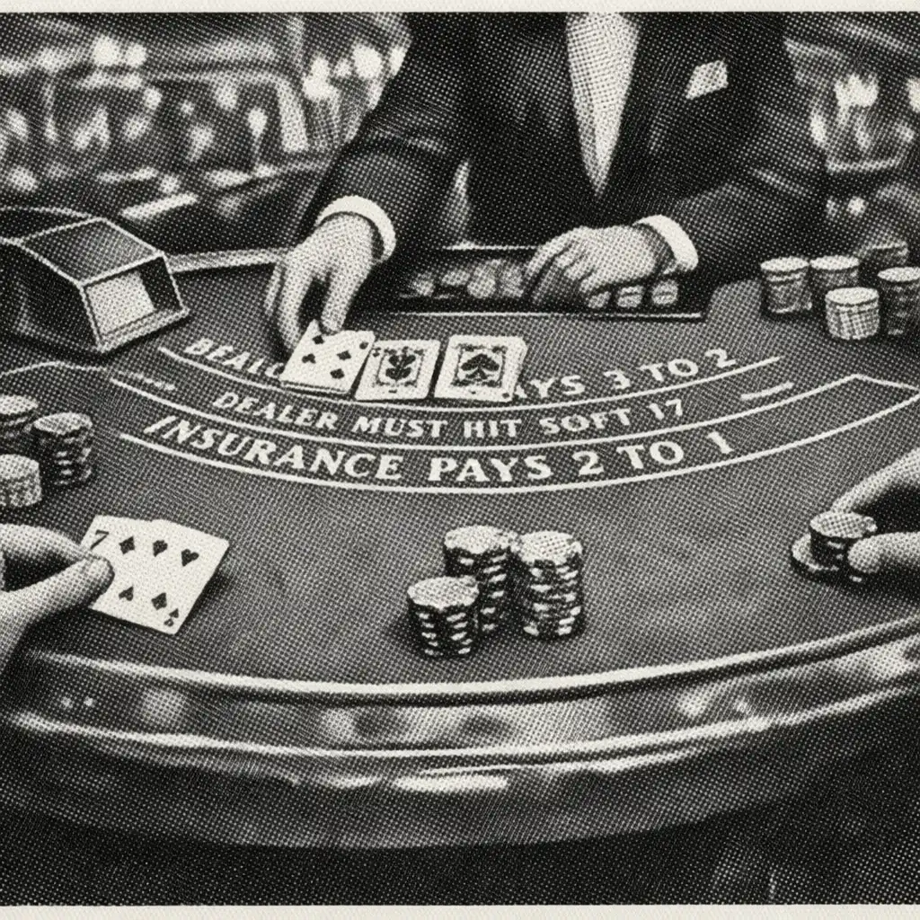 Stół do blackjacka na statku z kartami i żetonami, ręce graczy widoczne