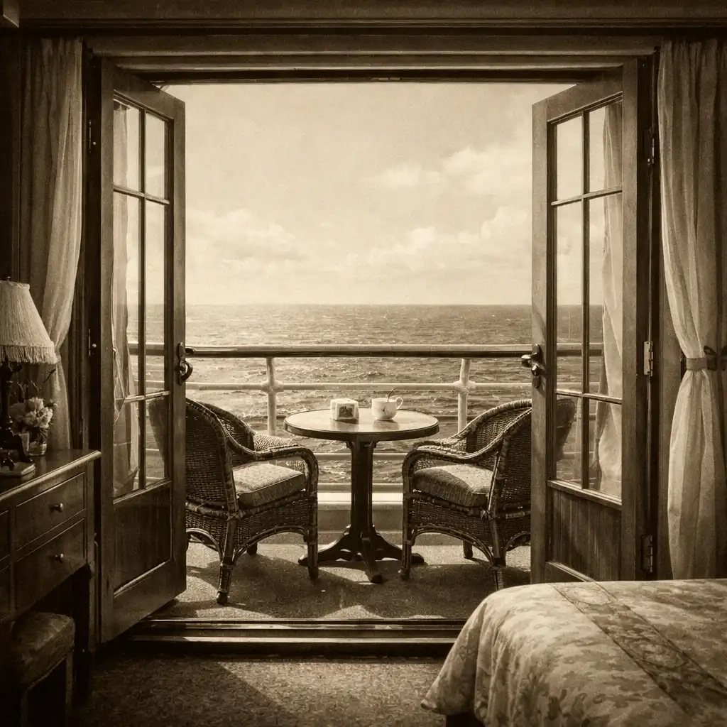 Kabina balkonowa z otwartymi drzwiami na balkon, widok na ocean, stolik i krzesła na balkonie w stylu vintage