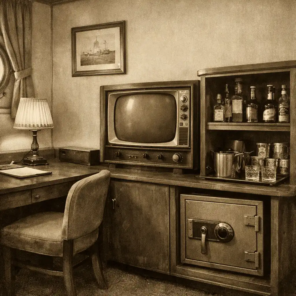 Fragment kabiny z biurkiem, telewizorem, minibarem i sejfem w stylu vintage