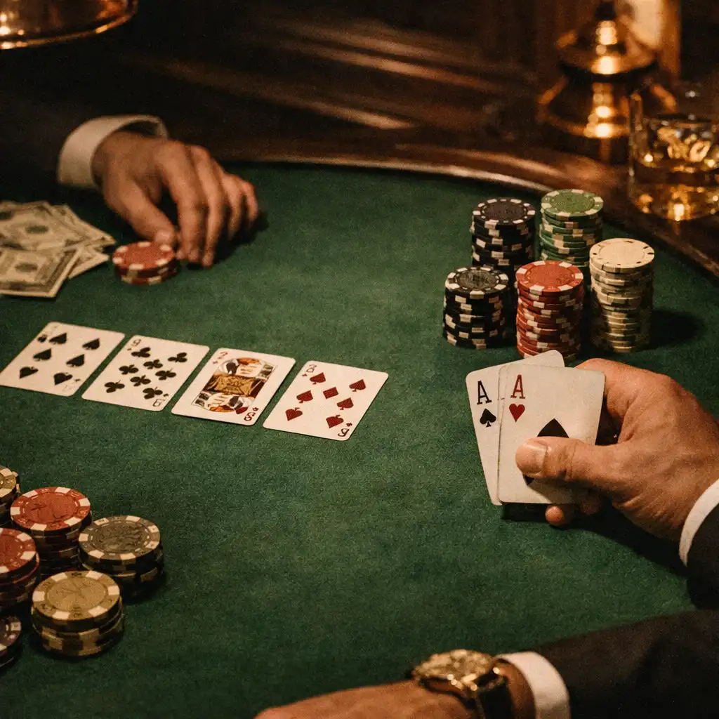 Detal stołu pokerowego z kartami i żetonami