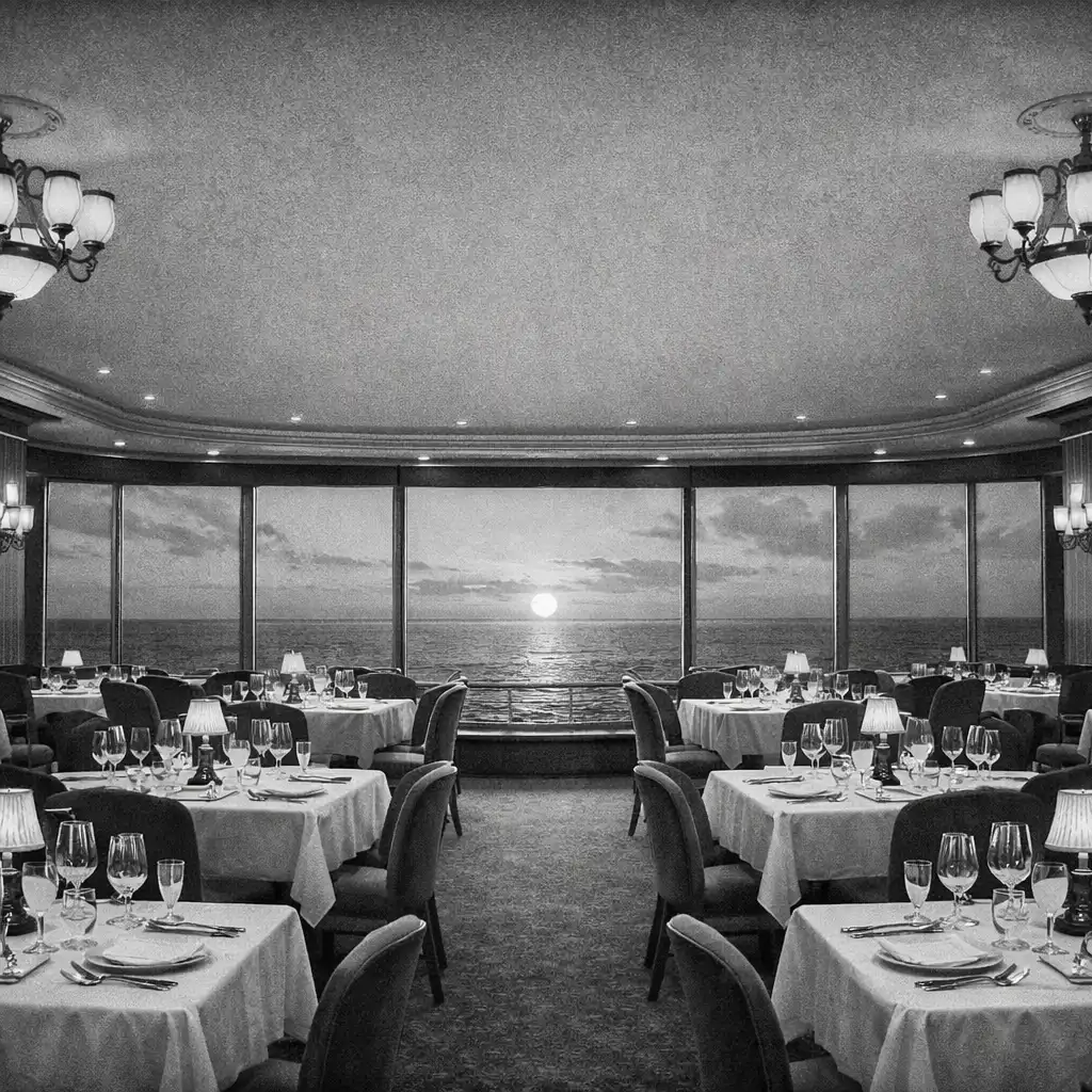 Elegancka restauracja na statku wycieczkowym z panoramicznymi oknami wychodzącymi na ocean o zachodzie słońca