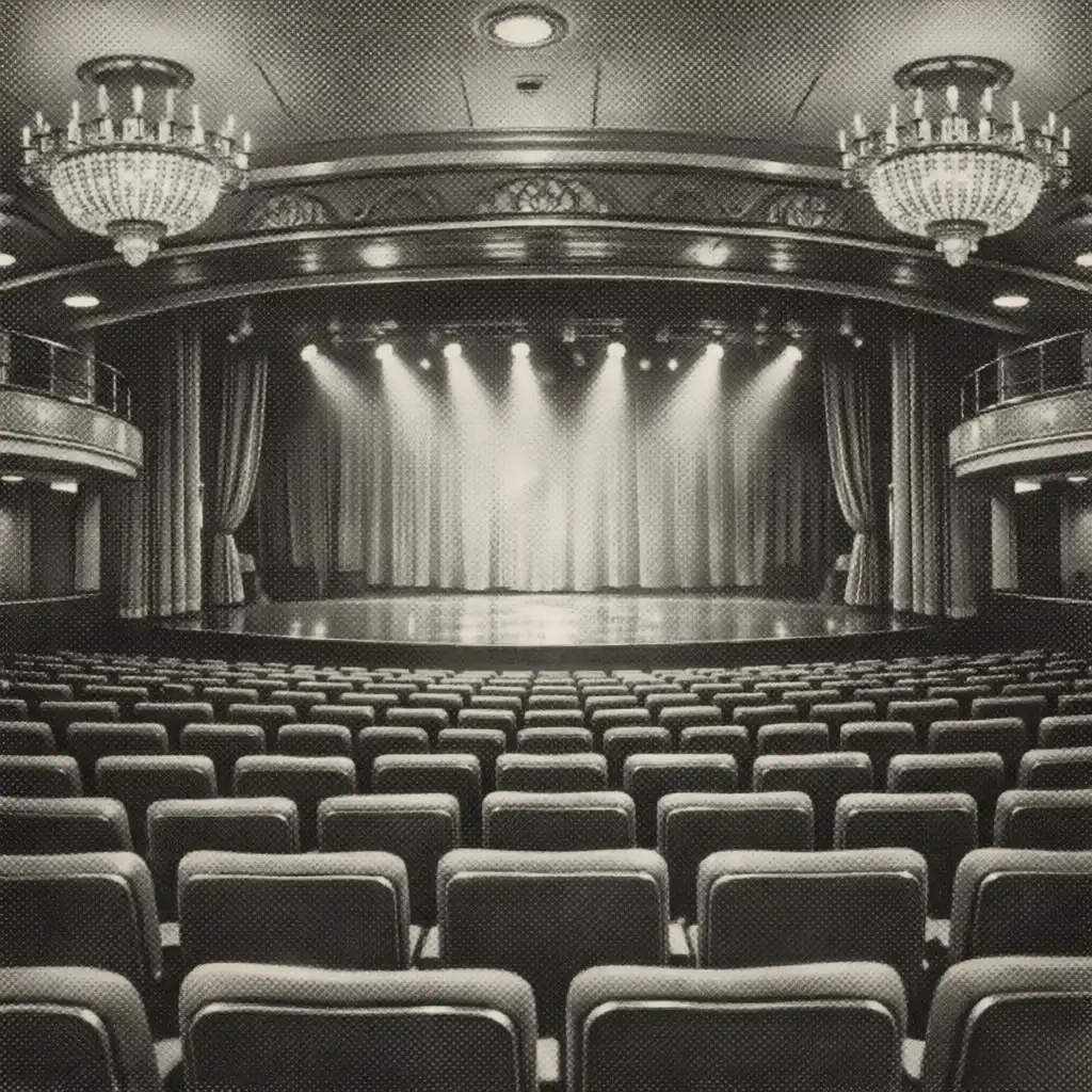 Widok z tyłu teatru na statku, rzędy czerwonych foteli i scena w oddali